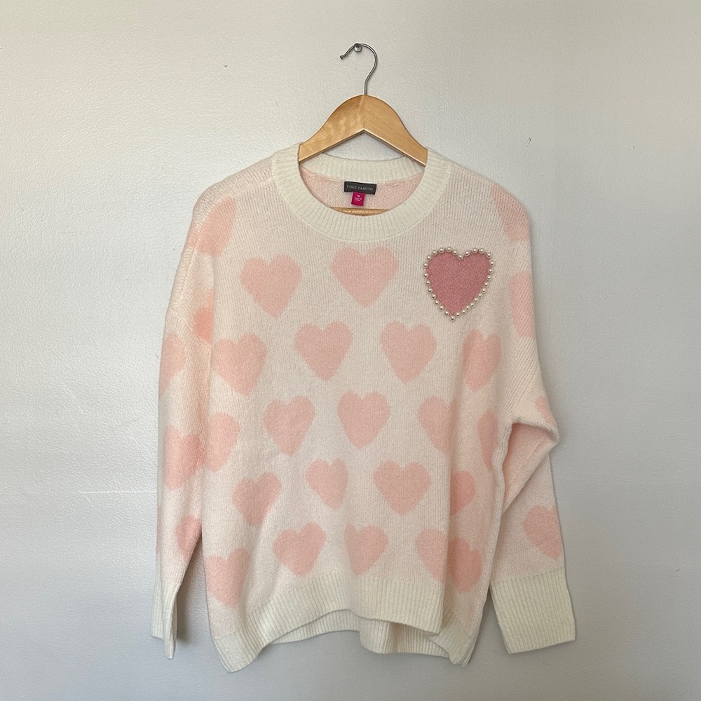 Vince Camuto Cream and Pink Heart Sweater